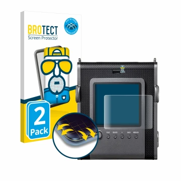 Vorderseite einer Produktverpackung mit dem Markenlogo BROTECT. Daneben ist das Gerät Fujifilm Instax Wide Evo mit dem zugehör