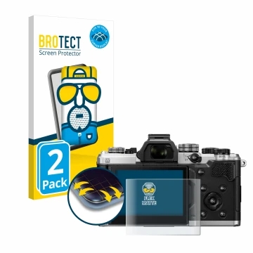 Vorderseite einer Produktverpackung mit dem Markenlogo BROTECT. Daneben ist das Gerät OM System OM-3 mit dem zugehörigen Displ