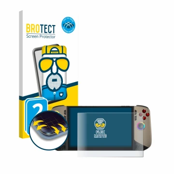 Vorderseite einer Produktverpackung mit dem Markenlogo BROTECT. Daneben ist das Gerät MSI Claw 8 AI+ mit dem zugehörigen Displ