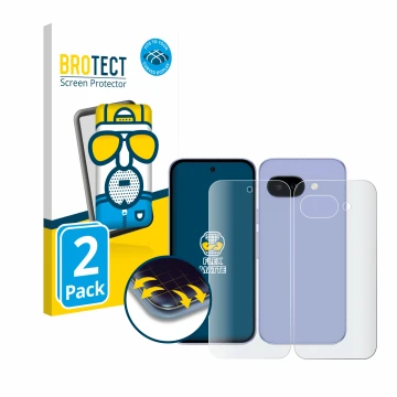 Vorderseite einer Produktverpackung mit dem Markenlogo BROTECT. Daneben ist das Gerät Google Pixel 9a (Display+Rückseite) mit 