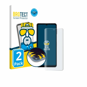 Vorderseite einer Produktverpackung mit dem Markenlogo BROTECT. Daneben ist das Gerät Sharp Aquos Sense 8 mit dem zugehörigen 