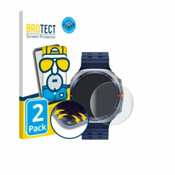 Vorderseite einer Produktverpackung mit dem Markenlogo BROTECT. Daneben ist das Gerät Samsung Galaxy Watch Ultra 2 (47 mm) mit