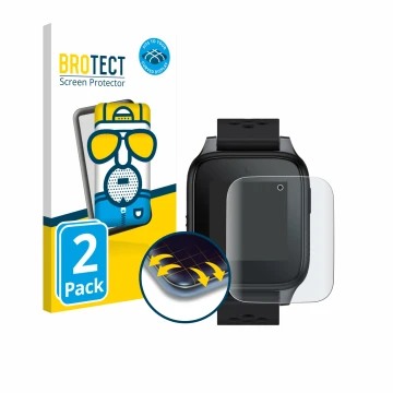 Vorderseite einer Produktverpackung mit dem Markenlogo BROTECT. Daneben ist das Gerät TCL Family Watch MT46 mit dem zugehörige