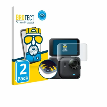 Vorderseite einer Produktverpackung mit dem Markenlogo BROTECT. Daneben ist das Gerät Insta360 Go Ultra mit dem zugehörigen Di