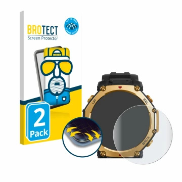 Vorderseite einer Produktverpackung mit dem Markenlogo BROTECT. Daneben ist das Gerät Huami Amazfit T-Rex 3 Pro (48 mm) mit de