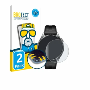 Vorderseite einer Produktverpackung mit dem Markenlogo BROTECT. Daneben ist das Gerät Huawei Watch GT 6 (46 mm) mit dem zugehö
