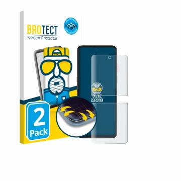 Vorderseite einer Produktverpackung mit dem Markenlogo BROTECT. Daneben ist das Gerät Motorola Razr Ultra 2025 mit dem zugehör