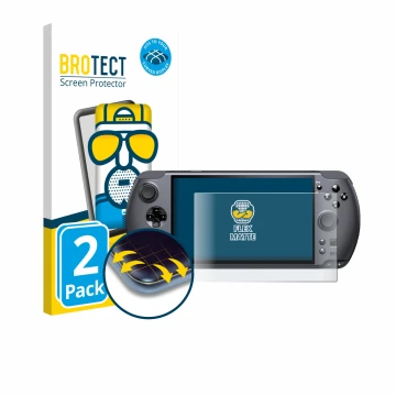 Vorderseite einer Produktverpackung mit dem Markenlogo BROTECT. Daneben ist das Gerät GPD Win 5 mit dem zugehörigen Displaysch