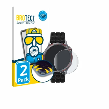 Vorderseite einer Produktverpackung mit dem Markenlogo BROTECT. Daneben ist das Gerät Huawei Watch GT Runner 2 mit dem zugehör