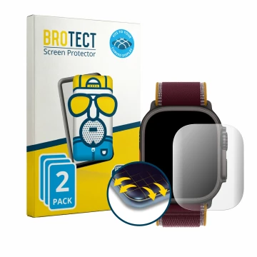 Vorderseite einer Produktverpackung mit dem Markenlogo BROTECT. Daneben ist das Gerät Apple Watch Ultra 4 (49 mm) mit dem zuge