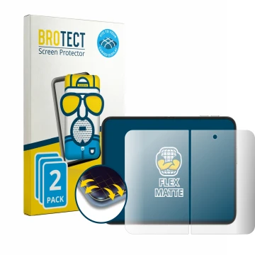 Vorderseite einer Produktverpackung mit dem Markenlogo BROTECT. Daneben ist das Gerät Apple iPhone Duo (Inneres Display) mit d
