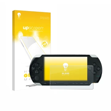 Vorderseite einer Produktverpackung mit dem Markenlogo upscreen. Daneben ist das Gerät Sony PSP 1000 mit dem zugehörigen Displ
