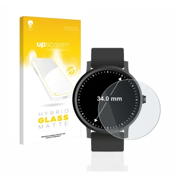 Vorderseite einer Produktverpackung mit dem Markenlogo upscreen. Daneben ist das Gerät Armbanduhren (Kreisrund, ø: 34 mm) mit 