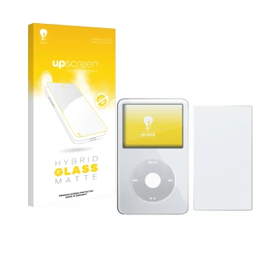 Vorderseite einer Produktverpackung mit dem Markenlogo upscreen. Daneben ist das Gerät Apple iPod Classic Video (Display+Rücks