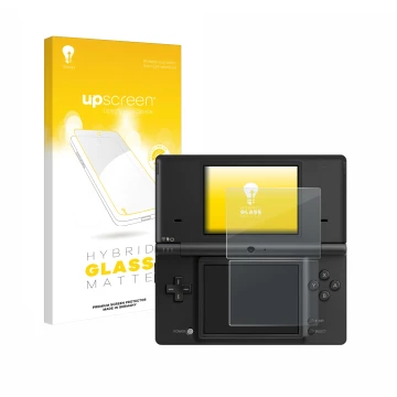 Vorderseite einer Produktverpackung mit dem Markenlogo upscreen. Daneben ist das Gerät Nintendo DSi mit dem zugehörigen Displa