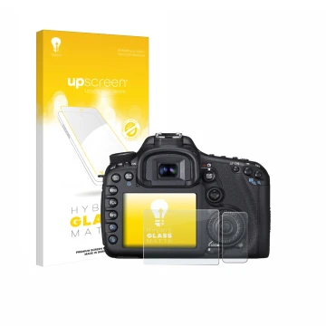 Vorderseite einer Produktverpackung mit dem Markenlogo upscreen. Daneben ist das Gerät Canon EOS 7D mit dem zugehörigen Displa