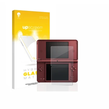 Vorderseite einer Produktverpackung mit dem Markenlogo upscreen. Daneben ist das Gerät Nintendo DSi XL mit dem zugehörigen Dis
