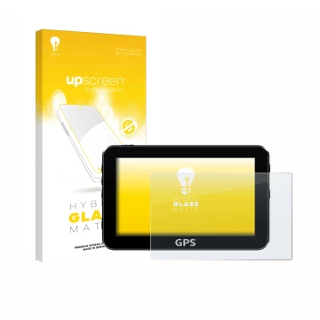 Vorderseite einer Produktverpackung mit dem Markenlogo upscreen. Daneben ist das Gerät mit dem zugehörigen Displayschutz abgeb