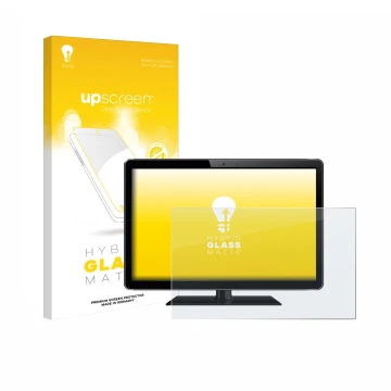Vorderseite einer Produktverpackung mit dem Markenlogo upscreen. Daneben ist das Gerät mit dem zugehörigen Displayschutz abgeb