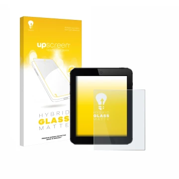 Vorderseite einer Produktverpackung mit dem Markenlogo upscreen. Daneben ist das Gerät mit dem zugehörigen Displayschutz abgeb