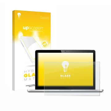 Vorderseite einer Produktverpackung mit dem Markenlogo upscreen. Daneben ist das Gerät mit dem zugehörigen Displayschutz abgeb