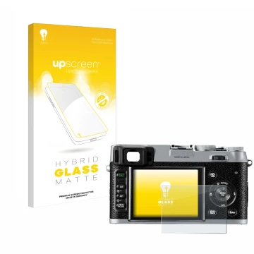 Vorderseite einer Produktverpackung mit dem Markenlogo upscreen. Daneben ist das Gerät Fujifilm FinePix X100 mit dem zugehörig