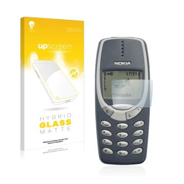 Vorderseite einer Produktverpackung mit dem Markenlogo upscreen. Daneben ist das Gerät Nokia 3310 2011 mit dem zugehörigen Dis