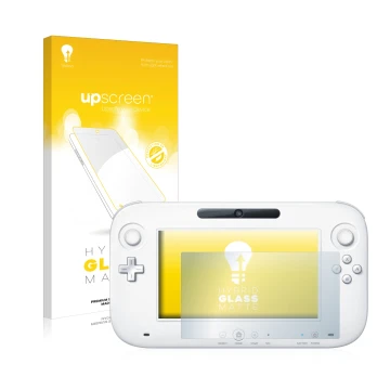 Vorderseite einer Produktverpackung mit dem Markenlogo upscreen. Daneben ist das Gerät Nintendo Wii U GamePad (Controller) mit