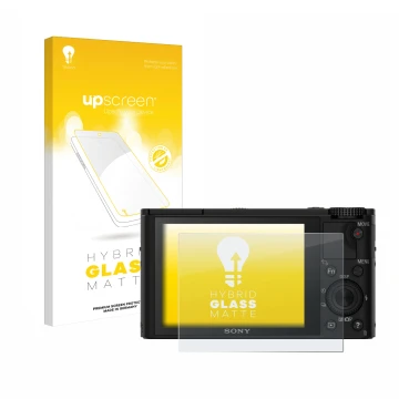 Vorderseite einer Produktverpackung mit dem Markenlogo upscreen. Daneben ist das Gerät Sony Cyber-Shot DSC-RX100 mit dem zugeh