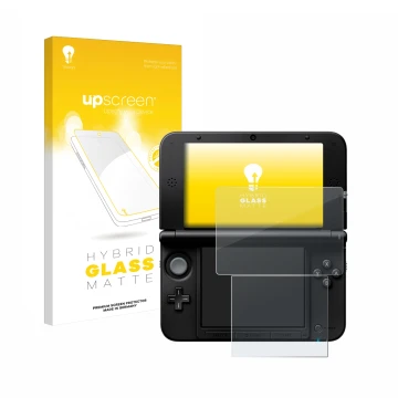 Vorderseite einer Produktverpackung mit dem Markenlogo upscreen. Daneben ist das Gerät Nintendo 3DS XL SPM7800 mit dem zugehör