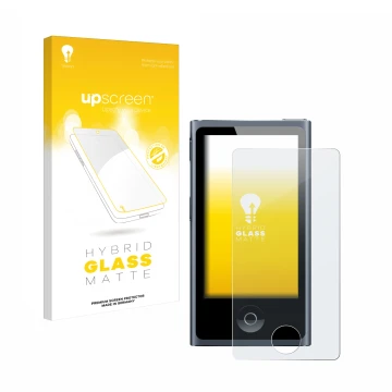 Vorderseite einer Produktverpackung mit dem Markenlogo upscreen. Daneben ist das Gerät Apple iPod nano 2012 (7. Gen.) mit dem 