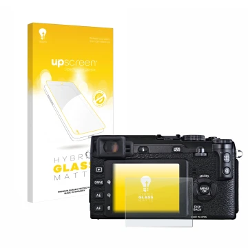 Vorderseite einer Produktverpackung mit dem Markenlogo upscreen. Daneben ist das Gerät Fujifilm X-E1 mit dem zugehörigen Displ