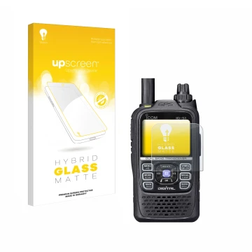 Vorderseite einer Produktverpackung mit dem Markenlogo upscreen. Daneben ist das Gerät Icom ID-51 mit dem zugehörigen Displays