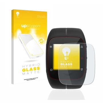 Vorderseite einer Produktverpackung mit dem Markenlogo upscreen. Daneben ist das Gerät Polar M400 mit dem zugehörigen Displays