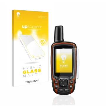 Vorderseite einer Produktverpackung mit dem Markenlogo upscreen. Daneben ist das Gerät Garmin GPSMAP 64s mit dem zugehörigen D