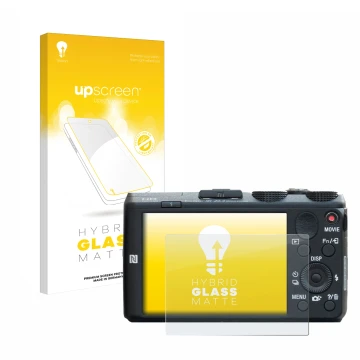 Vorderseite einer Produktverpackung mit dem Markenlogo upscreen. Daneben ist das Gerät Sony Cyber-Shot DSC-HX60 mit dem zugehö
