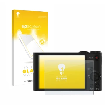 Vorderseite einer Produktverpackung mit dem Markenlogo upscreen. Daneben ist das Gerät Sony Cyber-Shot DSC-WX350 mit dem zugeh