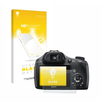 Vorderseite einer Produktverpackung mit dem Markenlogo upscreen. Daneben ist das Gerät Sony Cyber-Shot DSC-HX400V mit dem zuge