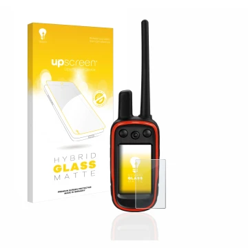 Vorderseite einer Produktverpackung mit dem Markenlogo upscreen. Daneben ist das Gerät Garmin Alpha 100 mit dem zugehörigen Di