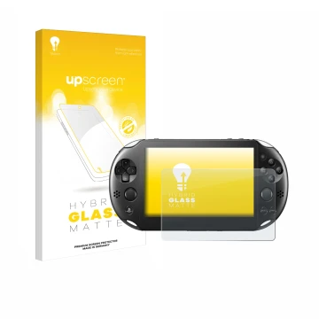 Vorderseite einer Produktverpackung mit dem Markenlogo upscreen. Daneben ist das Gerät Sony Playstation PS Vita Slim mit dem z