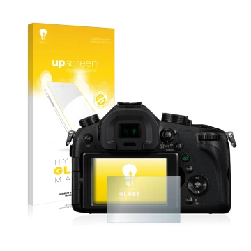 Vorderseite einer Produktverpackung mit dem Markenlogo upscreen. Daneben ist das Gerät Panasonic Lumix DMC-FZ1000 mit dem zuge