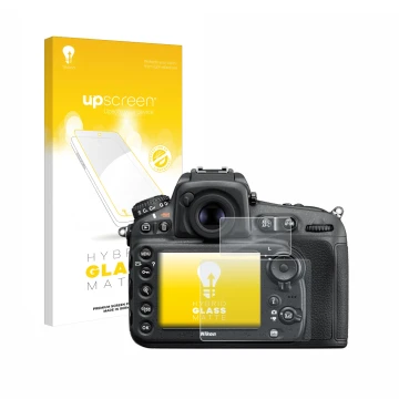 Vorderseite einer Produktverpackung mit dem Markenlogo upscreen. Daneben ist das Gerät Nikon D810 mit dem zugehörigen Displays