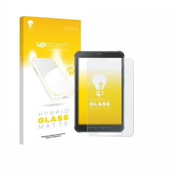 Vorderseite einer Produktverpackung mit dem Markenlogo upscreen. Daneben ist das Gerät Samsung Galaxy Tab Active SM-T365 mit d