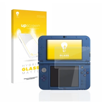 Vorderseite einer Produktverpackung mit dem Markenlogo upscreen. Daneben ist das Gerät Nintendo New 3DS XL mit dem zugehörigen