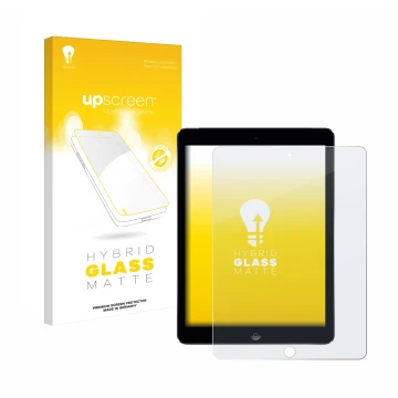 Vorderseite einer Produktverpackung mit dem Markenlogo upscreen. Daneben ist das Gerät Apple iPad Air 2 2014 mit dem zugehörig