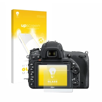 Vorderseite einer Produktverpackung mit dem Markenlogo upscreen. Daneben ist das Gerät Nikon D750 mit dem zugehörigen Displays