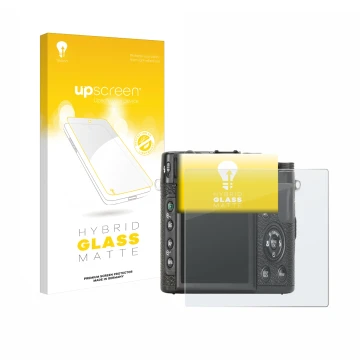 Vorderseite einer Produktverpackung mit dem Markenlogo upscreen. Daneben ist das Gerät Fujifilm X10 mit dem zugehörigen Displa