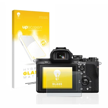 Vorderseite einer Produktverpackung mit dem Markenlogo upscreen. Daneben ist das Gerät Sony Alpha 7 II (ILCE-7M2) mit dem zuge