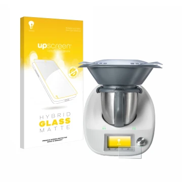 Vorderseite einer Produktverpackung mit dem Markenlogo upscreen. Daneben ist das Gerät Vorwerk Thermomix TM5 mit dem zugehörig