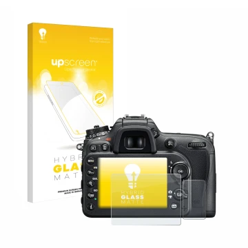 Vorderseite einer Produktverpackung mit dem Markenlogo upscreen. Daneben ist das Gerät Nikon D7200 mit dem zugehörigen Display